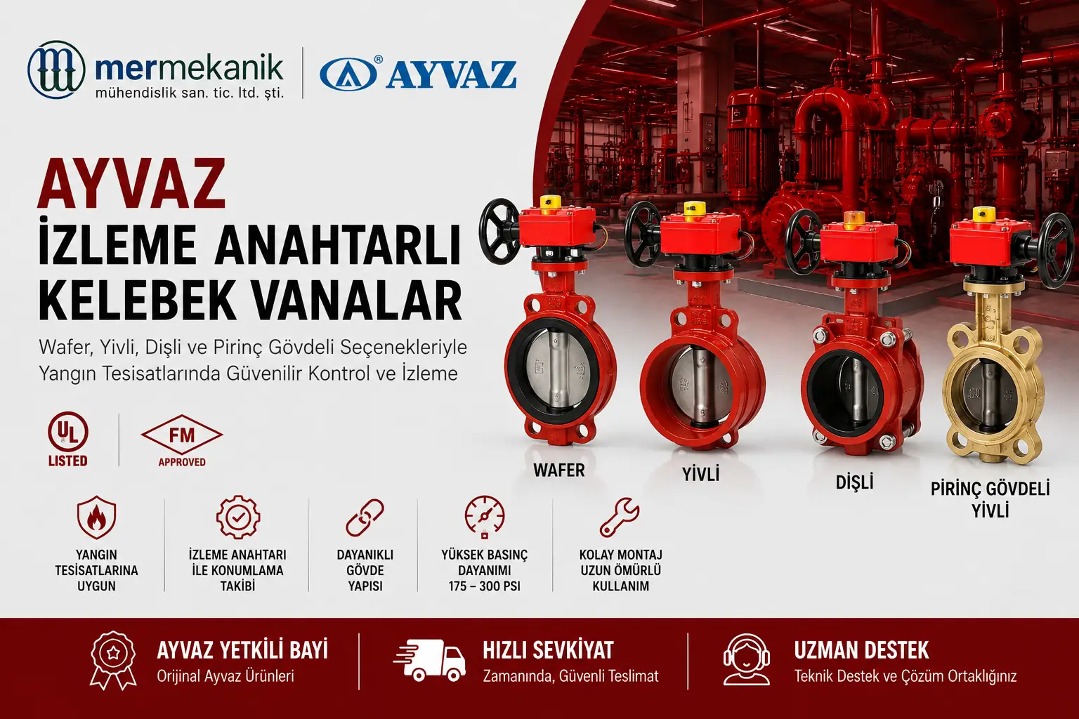 Ayvaz İzleme Anahtarlı Kelebek Vana | Wafer, Yivli, Dişli UL FM